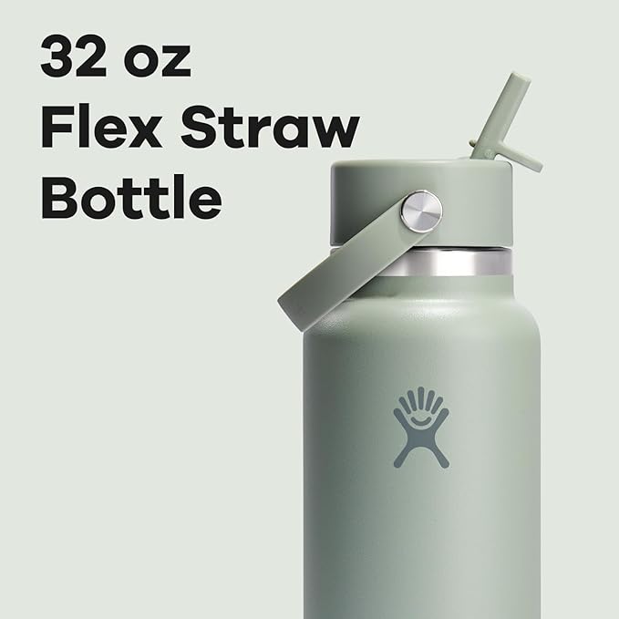 Hydro Flask Water Bottle - Insulated Stainless Steel - Wide Mouth Flex Straw Lid, Non Spill, Leakproof and Refillable in 32 Oz Tonal Agave