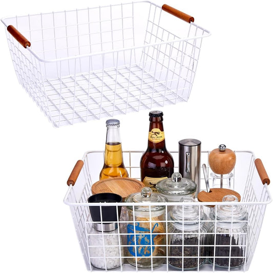 LeleCAT Large white wire baskets with Wooden Handles for storage pantry, Storage Organizer Baskets, Household Refrigerator for Cabinets, Closets, Bedrooms, kitchen - Set of 2（White）