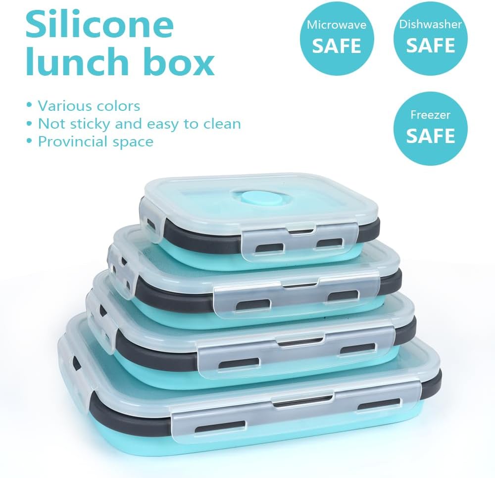 Set of 4 Collapsible Foldable Silicone Food Storage Containers,Ktichen Collapsible Storage Bowls with Airtight Plastic Lids for Leftover, Silicone Lunch Box-Microwave,Dishwasher,Freezer Safe