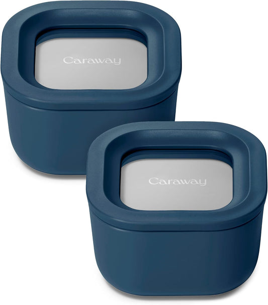 Caraway 2pc Glass Food Storage Set - 1.75 Cup Food Containers (2) - Non-Toxic Ceramic-Coated Glass - Air Release Technology - Compact & Stackable Design - Navy