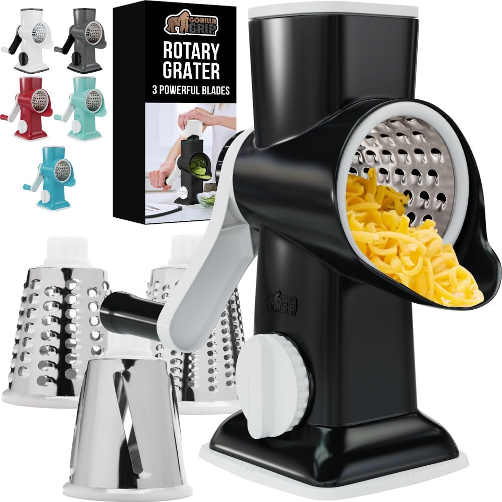 GORILLA GRIP BPA-Free Rotary Cheese Grater Hand Crank, Easy to Set Up, Strong Suction Base for Kitchen Countertop, Shred Potato, Vegetable, Nuts in Seconds, Round Mandoline Slicer, 3 Blades, Black