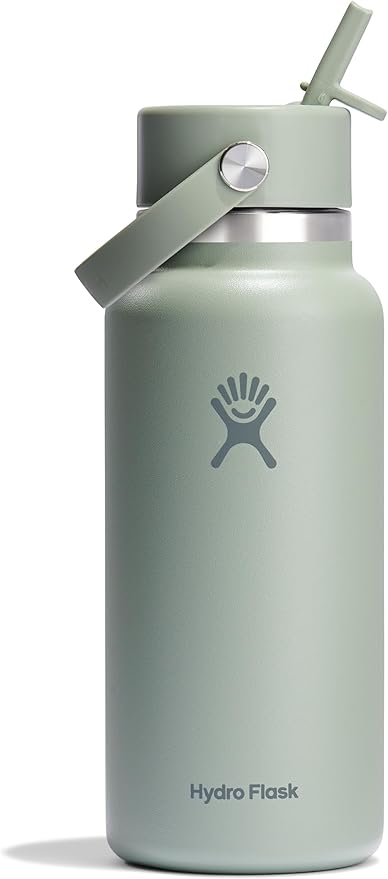 Hydro Flask Water Bottle - Insulated Stainless Steel - Wide Mouth Flex Straw Lid, Non Spill, Leakproof and Refillable in 32 Oz Tonal Agave
