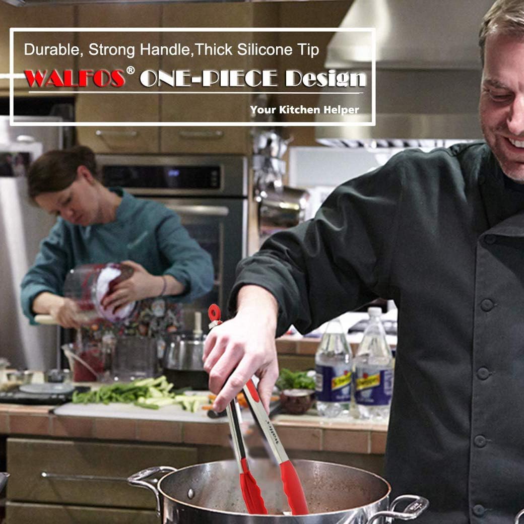 Walfos Kitchen Tongs - 7" 9" and 12" Heat Resistant Cooking Tongs, Stainless Steel and BPA Free Silicone Tips, Great for Cooking, Salad, Grilling, Turning, Dishwasher safe,set of 3