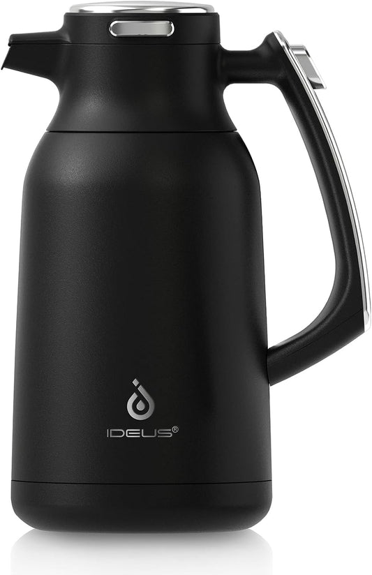 IDEUS Thermal Coffee Carafe 68oz (2,000ml), Stainless Steel Double Wall Insulated Vacuum Flask, Water Jug Coffee Server and Beverage Dispenser, Heat and Cold Retention (Black-Silver, 68oz (2,000ml))