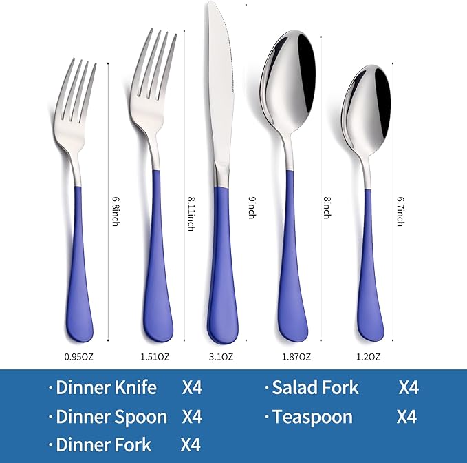 20-Piece Blue Silverware Set, 18/0 Stainless Steel Blue Handle Flatware Set, Service for 4, Modern Cutlery Set Includes Dinner Knives Forks Spoons, Mirror Polished, Dishwasher Safe