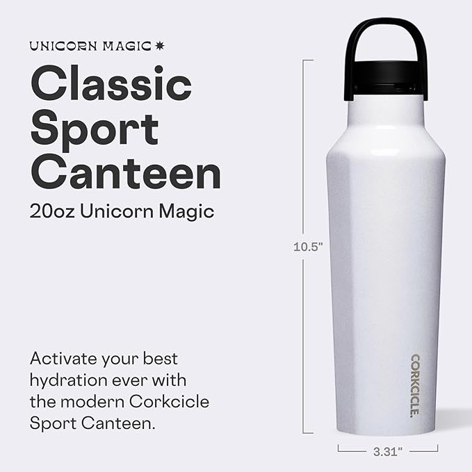 Corkcicle Sport Canteen - Keeps Drinks Cold 25 Hours - Stainless Steel Water Bottle - Triple-Insulated - Spill-Proof - Summer Drinkware Gift - Keeps Drinks Ice Cold - 20 oz - Unicorn Magic