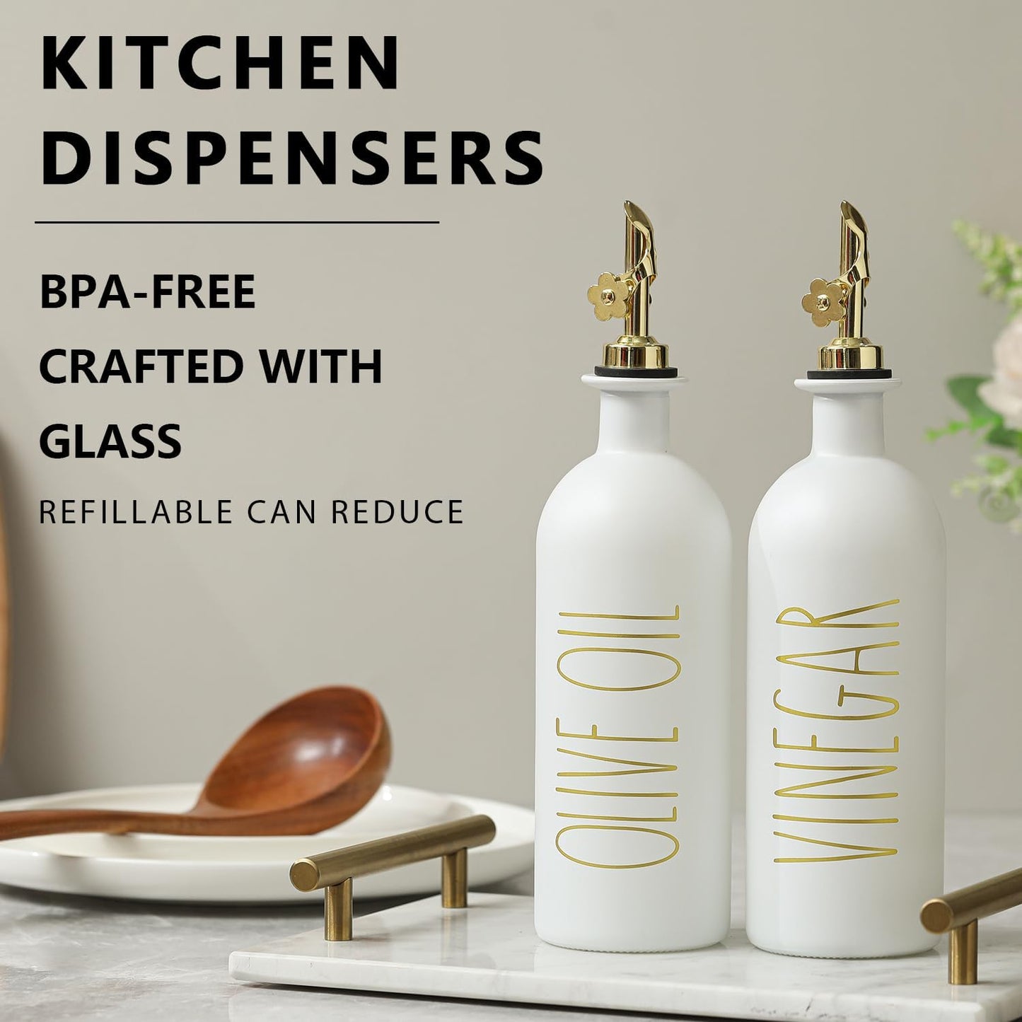 HOMCDALY 16oz Olive Oil Dispenser Bottles for Kitchen, Gold Oil&Vinegar Dispenser Set, Glass Oil Dispenser for Kitchen with Bamboo Tray | Set of 2 (16oz-P-Gold)