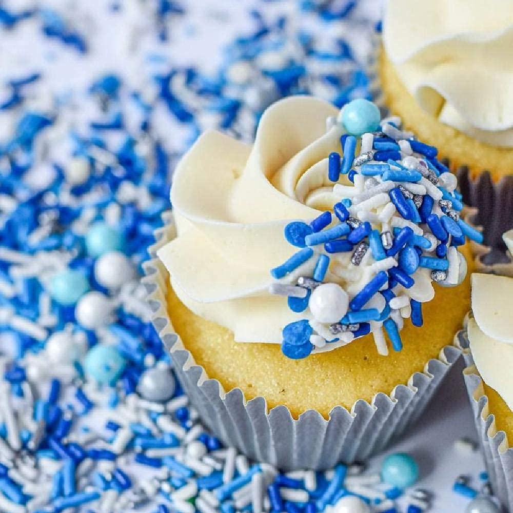 Blue Sprinkles for Cake Decorating and Baking - Fancy Sprinkles for Gender Reveal Cake Decorations in Blue and White Sprinkles with Jimmies, Nonpareils - Cake and Cupcake Sprinkles Decorations