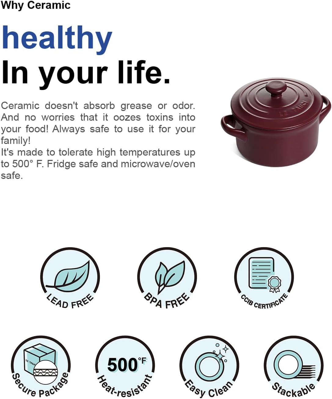 LE TAUCI 3 Quart Ceramic Dutch Oven - Lightweight, Non-Toxic, No Seasoning Needed- Oven, Microwave & Dishwasher Safe, Dutch Oven Pot with Lid for Sourdough, Soup & Stew, Burgundy Red