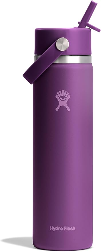 Hydro Flask Water Bottle - Insulated Stainless Steel - Wide Mouth Flex Straw Lid, Non Spill, Leakproof and Refillable in 24 Oz Beachplum Purple