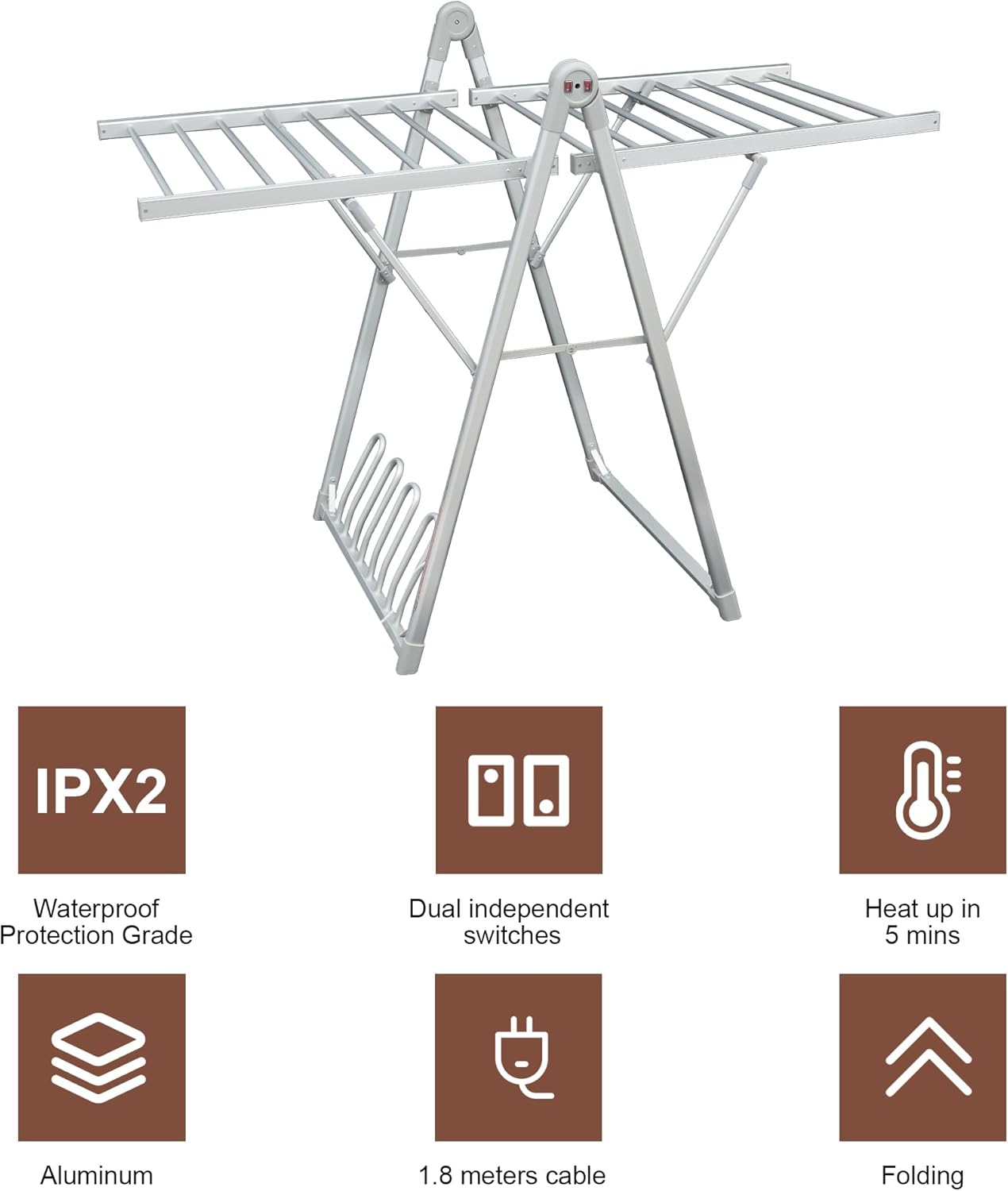 Electric Heating Clothes Drying Rack,Foldable Clothes Drying Rack,Suitable for Drying Clothes, Shoes and Socks.Plug & Play,Silvery Gray,Aluminum Alloy,One-Click Switch(39.37×52.56×25.98in)