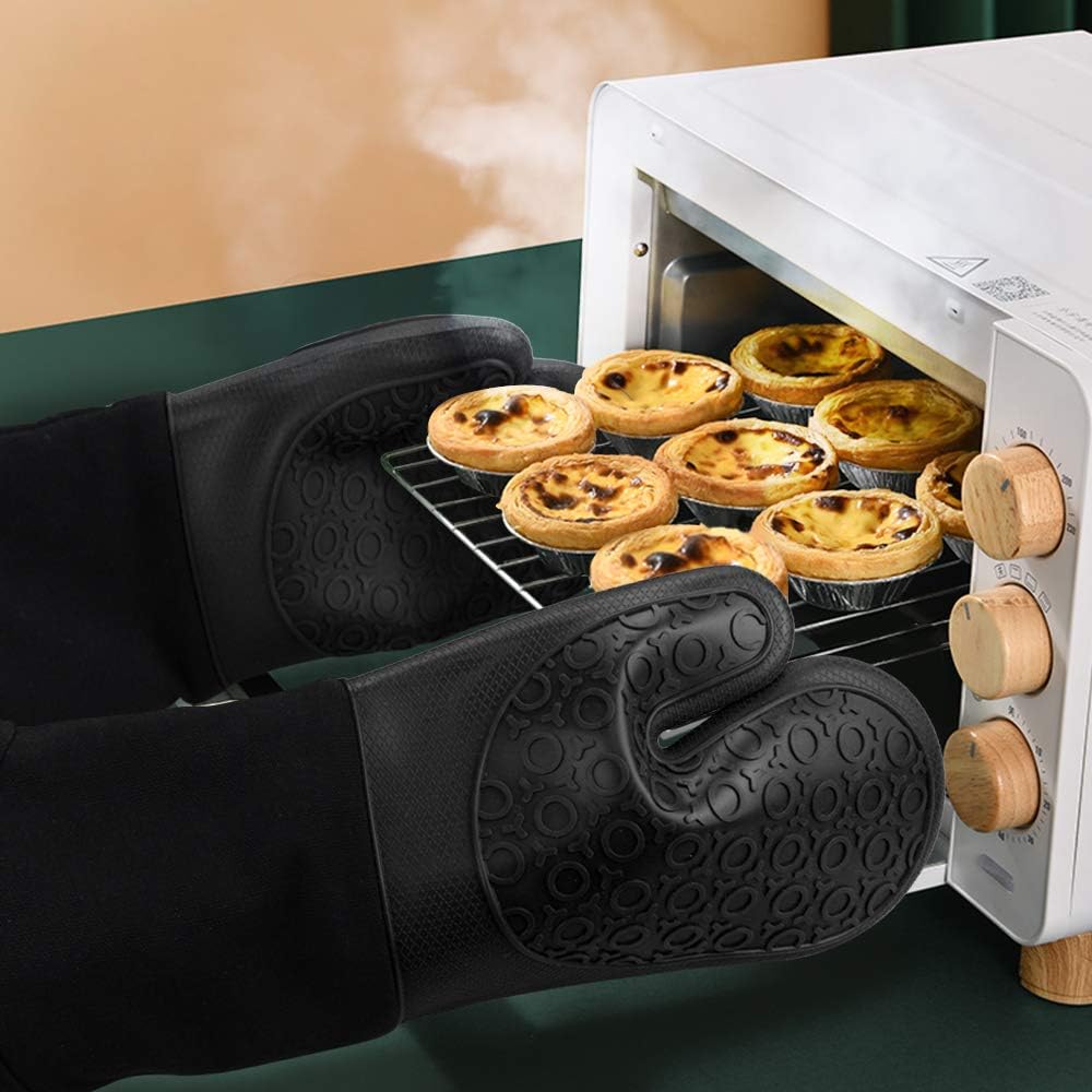 sungwoo Extra Long Silicone Oven Mitts, Heat Resistant Oven Gloves with Quilted Liner Non-Slip Textured Grip Perfect for BBQ, Baking, Cooking and Grilling - 1 Pair 14.6 Inch Black