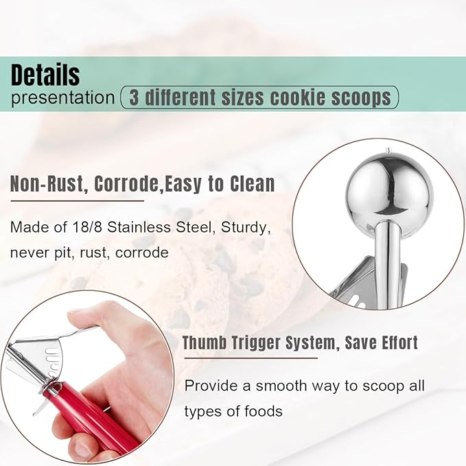 Cookie Scoop Set, Ice Cream Scoop Set, Cookie Scoops for Baking, Multiple Size Large-Medium-Small Size Disher, Professional 18/8 Stainless Steel Cupcake Scoop