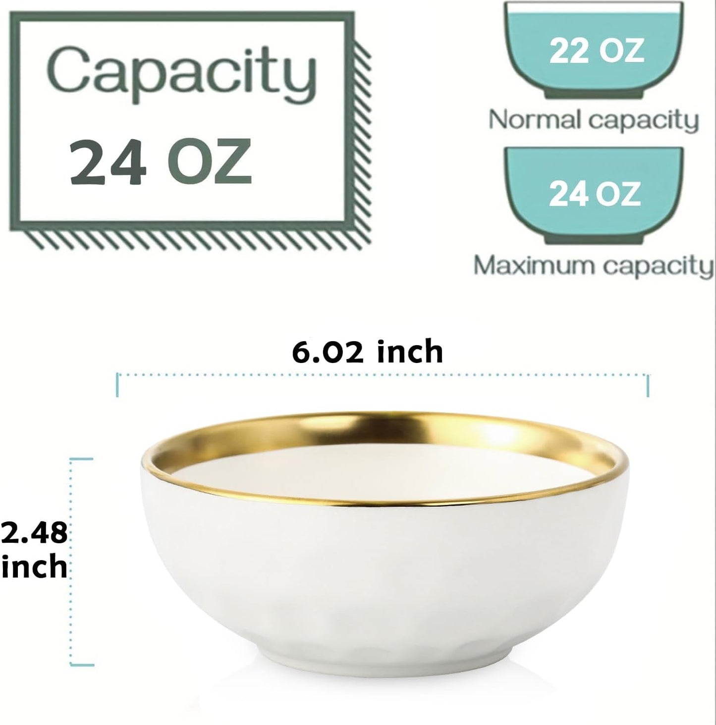 vicrays Ceramic Salad Bowls Set for Kitchen, Serving - 24 Ounce Soup Bowls, Pasta Bowls, Chip Resistant, Dishwasher Safe, NOT Microwave Safe, Fluted, Stoneware, Set of 6 (White with Golden)