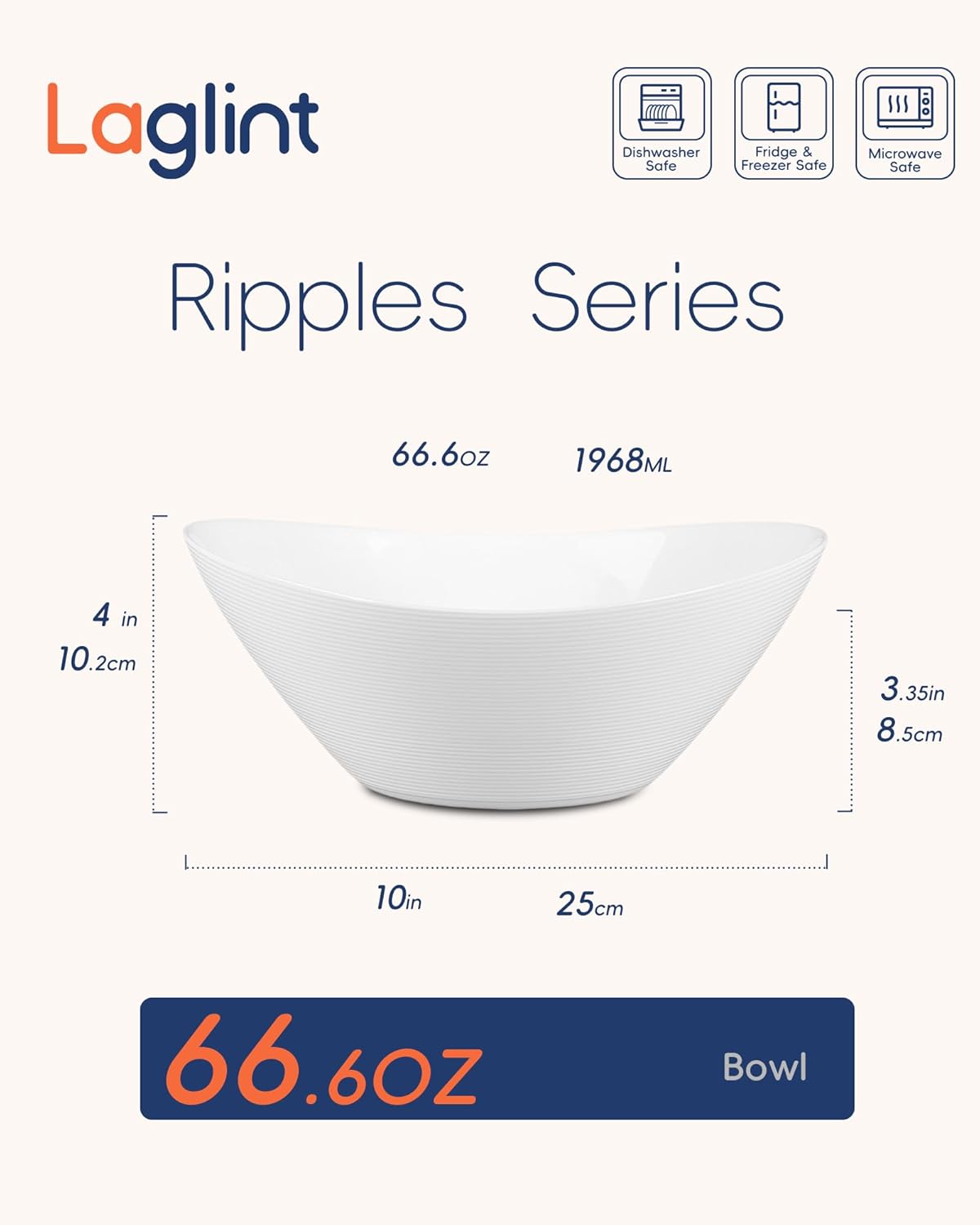 66 OZ Salad Bowl Set of 2, Opal Glass 10 inch Lightweight Serving Dishes for Salad, Fruit, Kitchen Microwave & Dishwasher Safe, Oval Shape White