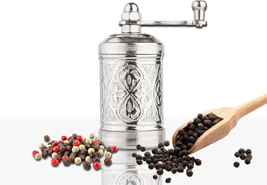 Decorative Handmade Black Pepper Grinder, Refillable Turkish Spice Mill with Adjustable Coarseness, Manual Pepper Mill with Handle, Spice Grinder with Hand Crank 8 cm-3.1 inch