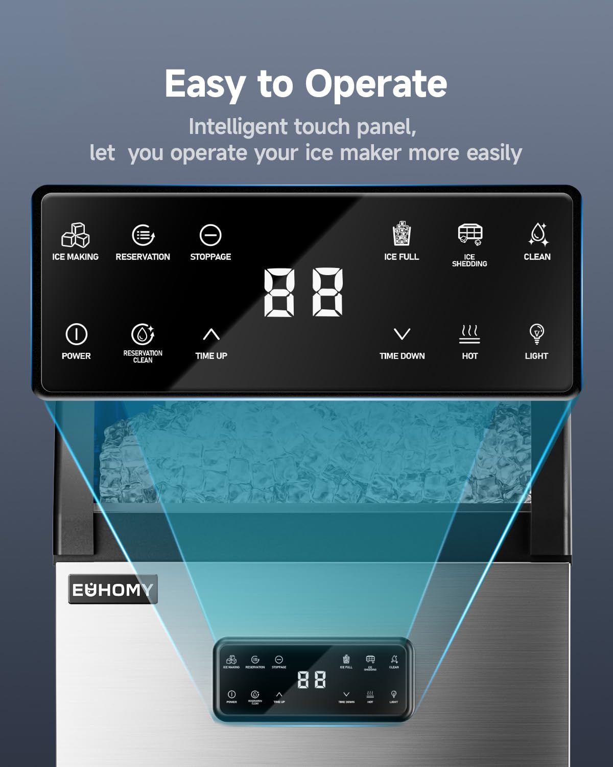 EUHOMY Commercial Ice Maker,100lbs/24H,Stainless Steel Under Counter Ice Machine with Water Filter,33lbs Storage Capacity, 45 Cubes in 8-12 Mins, Freestanding Ice Machine for Home/Bar/Cafe/Restaurant