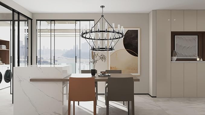 60 Inch Black Wagon Wheel Chandelier 2 Tier with Glass Shade, 30 Lights, Modern Farmhouse Style, Ideal for Dining Room, Kitchen, Entryways