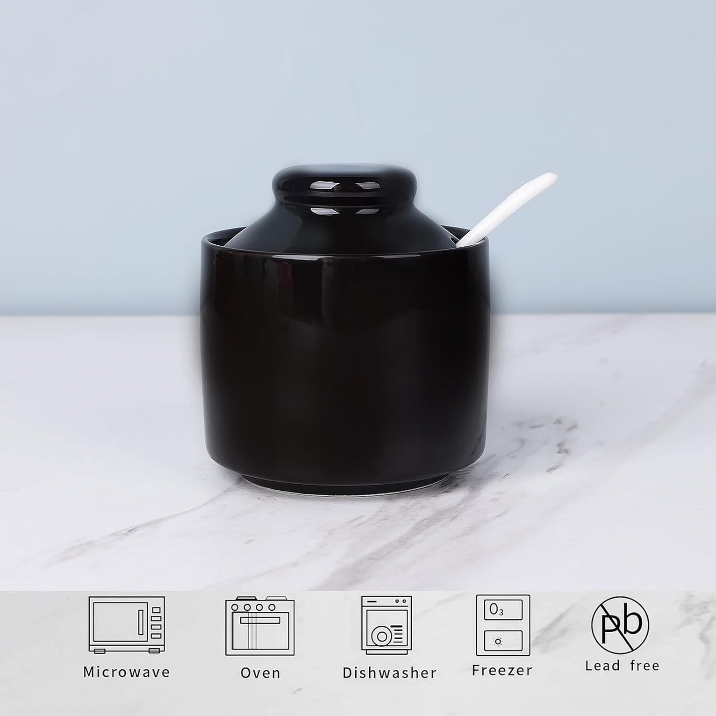 HAOTOP 8 oz Sugar Bowl with Lid and Spoon,Ceramic Sugar Jar Sugar Dispenser Sugar Container Coffee Bar Accessories, Kitchen Countertop Canisters (Black)