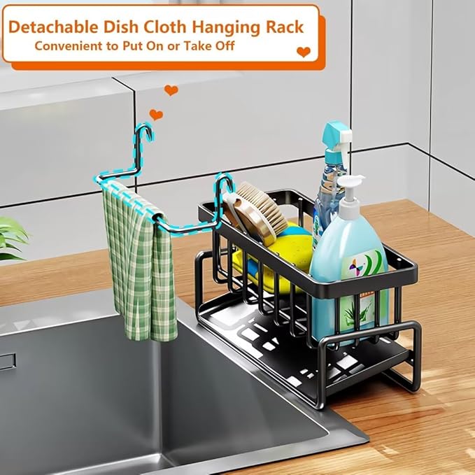 CIT ZCFY Kitchen Sink Caddy Organizers - Stainless Steel Sink Caddy with 30 Tilt Self-Drainage, Dish Brush Holder & Removable Dishcloth Rack - Gray