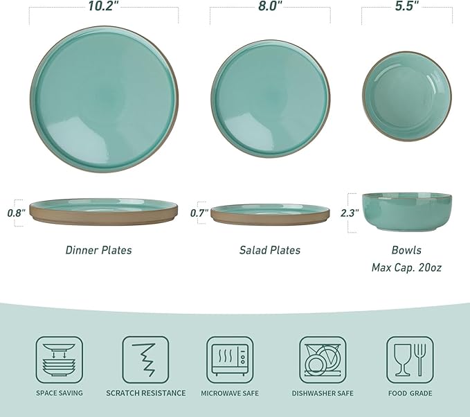 Famiware Nature Plates and Bowls Set, 18 Pieces Dinnerware Sets, Dishware Sets, Dishes Set for 6, Microwave and Dishwasher Safe, Verdure