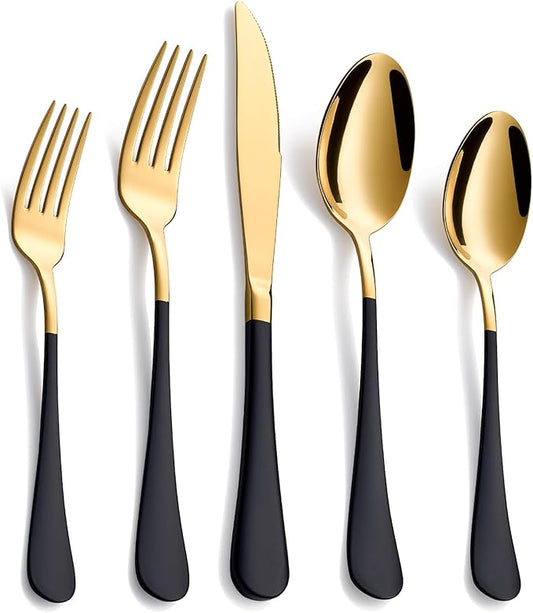 20-Piece Black & Gold Silverware Set, 18/0 Stainless Steel Colorful Handle Flatware Set, Service for 4, Modern Cutlery Set Includes Dinner Knives Forks Spoons, Mirror Polished, Dishwasher Safe