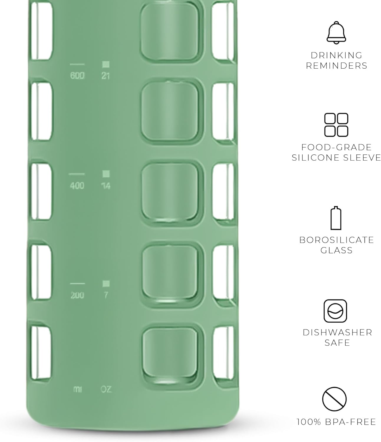 purifyou 40oz / 32oz / 22oz / 12oz Borosilicate Glass Water Bottle with Time & Volume Markers, Silicone Sleeve, Stainless Steel Lid – Reusable Glass Bottle for Water & Juice (32oz Shale Green)