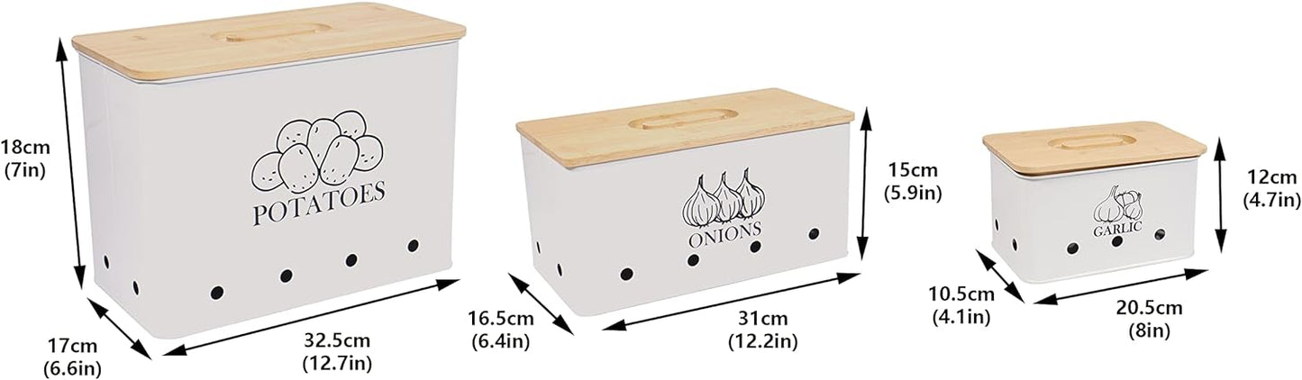 Canister Sets for Kitchen Counter, Kitchen Canisters Set of 3 for Potato Onion Garlic, Kitchen Storage Bin Jars Pots with Aerating Tin Storage Holes & Wooden Lid (White)