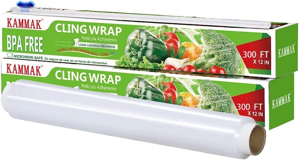 KAMMAK Plastic Wrap, Food Wrap with Slide Cutter, Cling Wrap 12 inch Food Service Clear Cling Film 2 Pack 300 Square FT Roll BPA-Free Microwave-Safe Kitchen Wrap Quick Cut Plastic Film