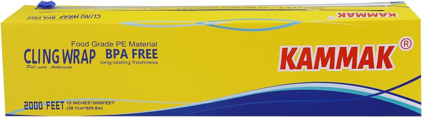 KAMMAK Plastic Wrap Food Cling Wrap with Slide Cutter 15 inch Restaurant Cling Film 2000 Ft Bulk Roll Refillable Food Service Cling Wrap Dispenser Quick Cut Anti-Fog Cling Film for Kitchen