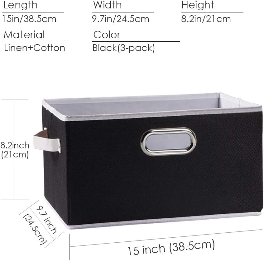 PRANDOM Large Collapsible Storage Bins for Closet [5-Pack] Decorative Fabric Storage Baskets Cubes with Leather/Metal Handles for Shelves Bedroom Living Room Black (14.9x9.8x8.3 Inch)