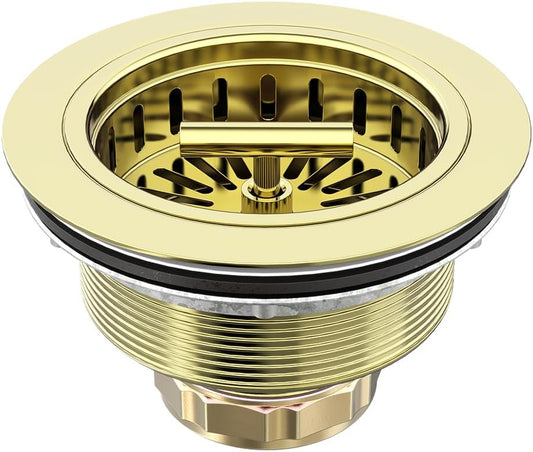 KONE 3-1/2 Inch Kitchen Sink Drain Assembly Stainless Steel Gold Kit with Strainer Basket/Rubber Stopper, Rustproof Durable Gold Finish Replacement for Standard Commercial Sink Drains