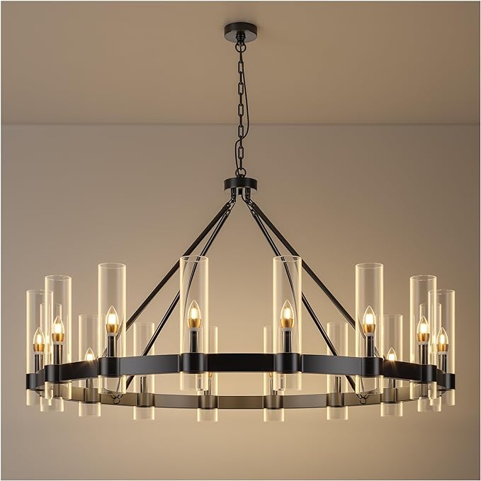 48 Inch Black Wagon Wheel Chandelier with Glass Shade, 16 Lights, Modern Farmhouse Style, Ideal for Dining Room, Kitchen, Entryways