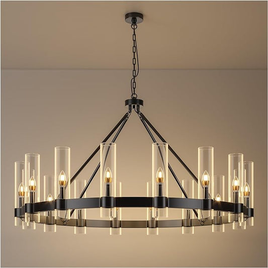 48 Inch Black Wagon Wheel Chandelier with Glass Shade, 16 Lights, Modern Farmhouse Style, Ideal for Dining Room, Kitchen, Entryways