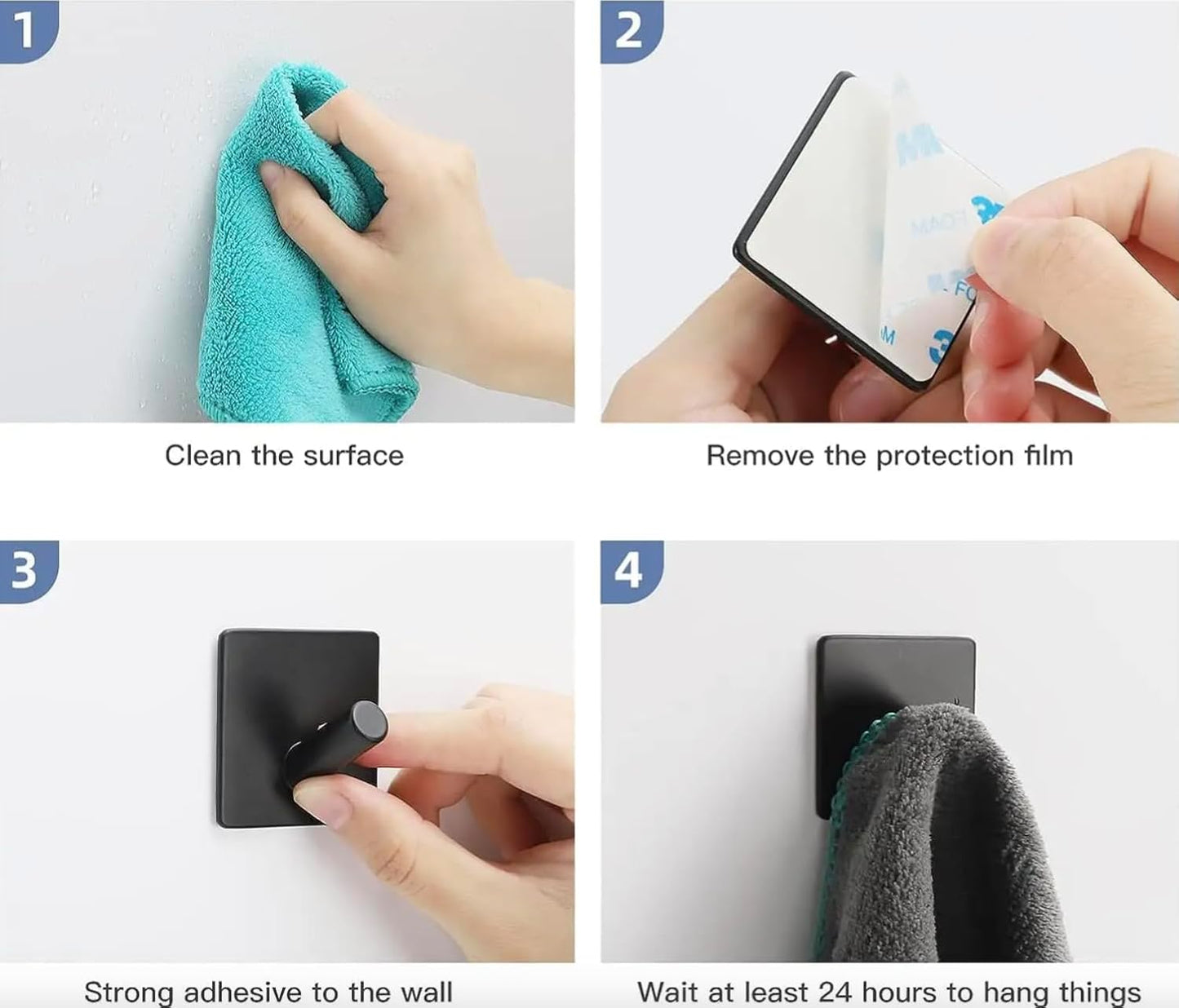 Adhesive Hooks- 4 Pcs, Towel Hooks for Inside Shower, Heavy-Duty Adhesive Wall Hook, Rust-resitant Hooks for Hanging, Sticky Hook for Walls No Damage (Black)