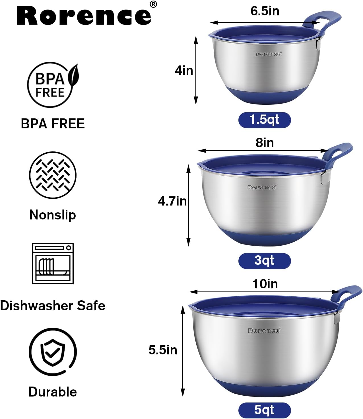 Rorence Stainless Steel Mixing Bowls: Stackable Mixing Bowl Set with Lids and Handles Non-slip Silicone Bottom Nesting Bowls for Kitchen Set of 3 - Blue