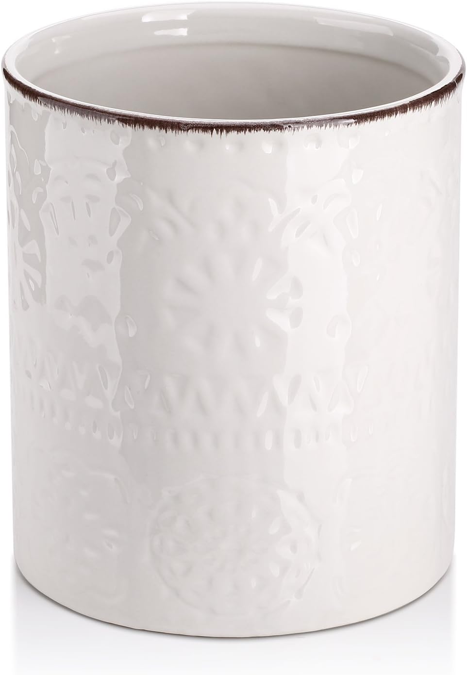 DOWAN 7.2" Kitchen Utensil Holder, Extra Large Farmhouse Utensil Holders for Countertop, Ceramic Utensil Crock, Anti Slip Cork Bottom (White, 7.2 Inch)