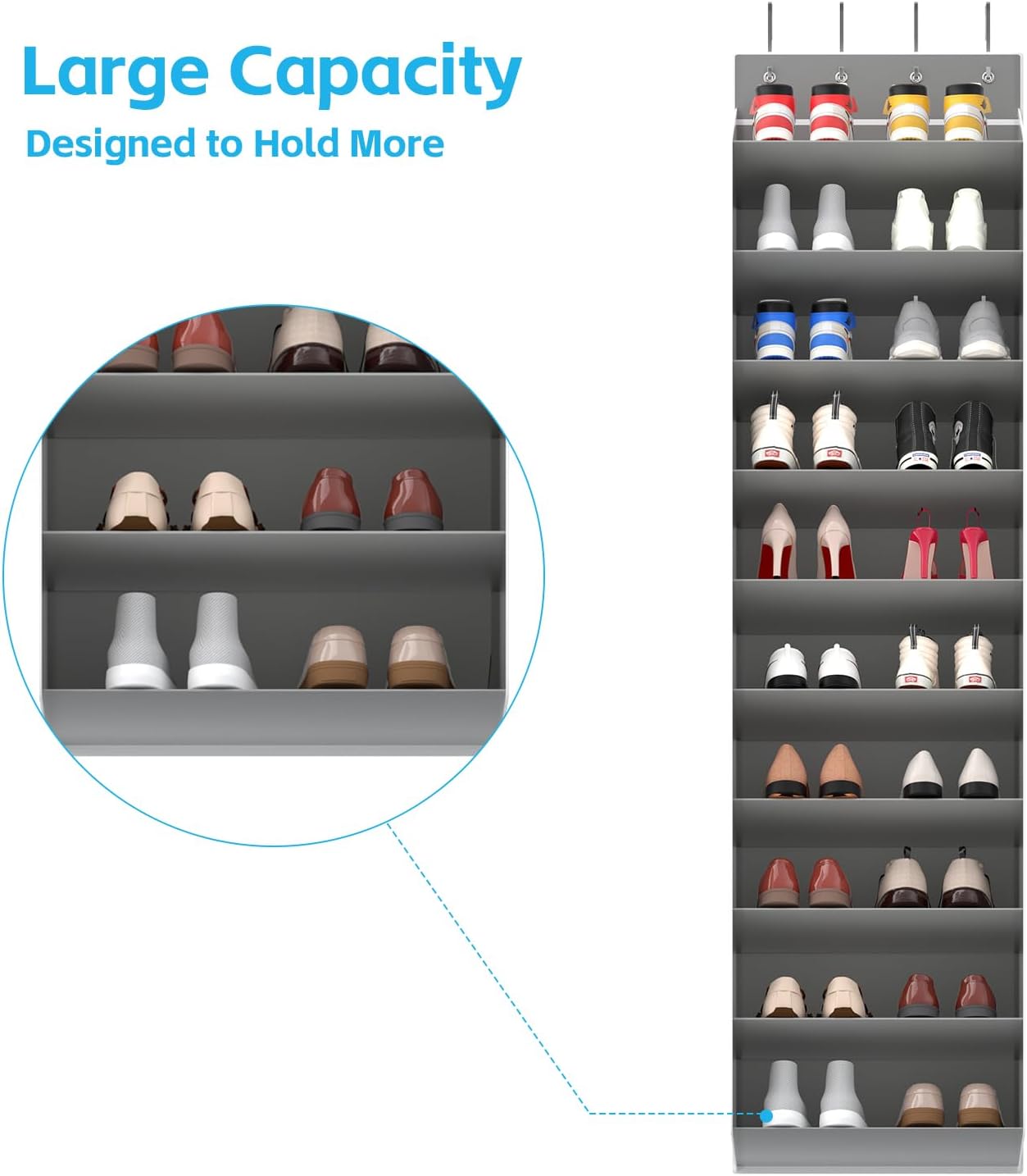 REGELETO 10 Tiers Large Size Over Door Shoe Organizer Storage, Hanging Shoe Rack for Door with Deep Pockets, Fit 20-30 Pairs Shoe Organizer Holder for Sneakers and Boots (Grey)