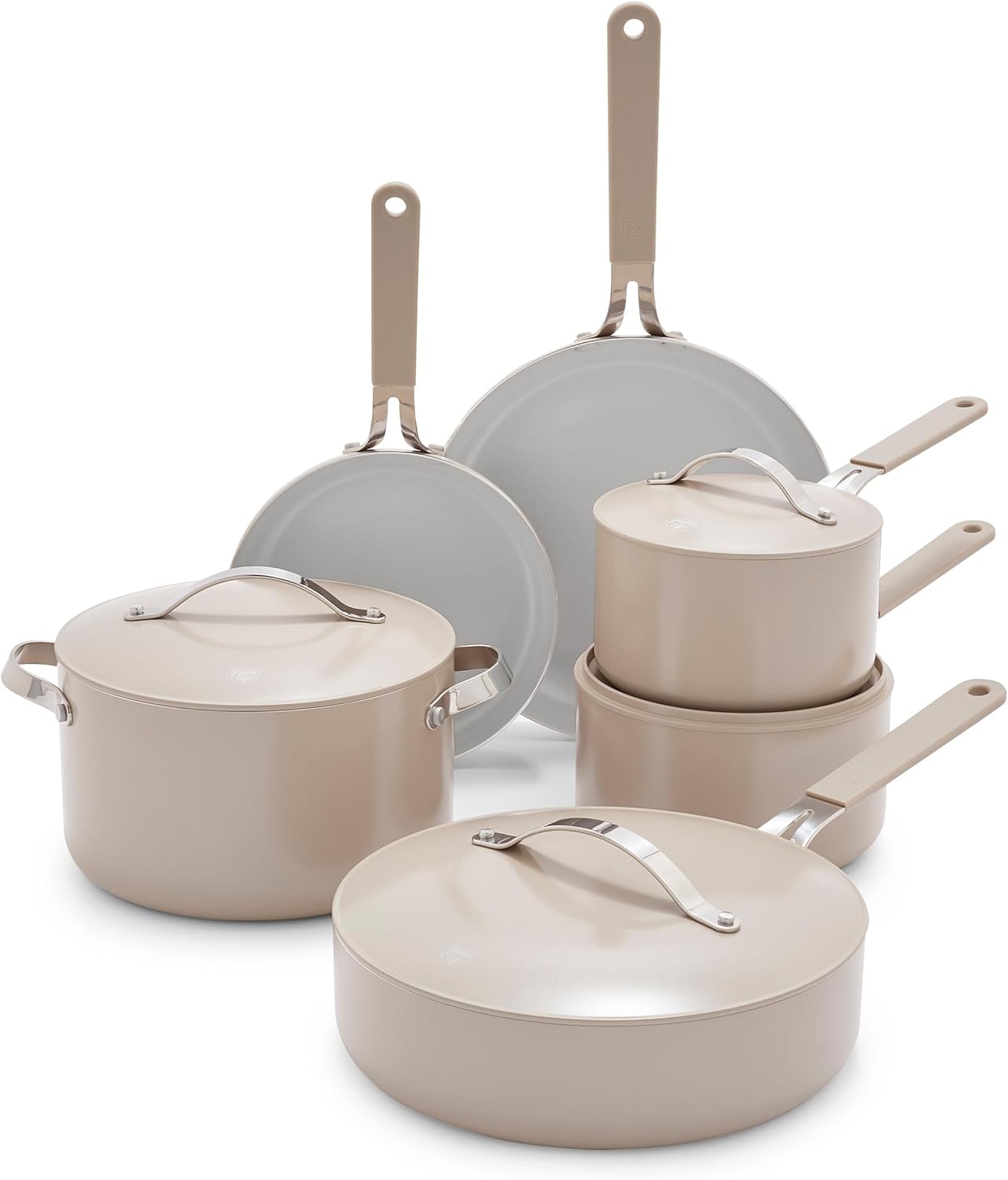 GreenLife 10-Piece Nonstick Ceramic Cookware Set, Lightweight Healthy PFAS-Free Pots & Pans with Lids, Dishwasher & Oven Safe, Durable Body, Silicone Stay-Cool Handles, Easy Release, Taupe