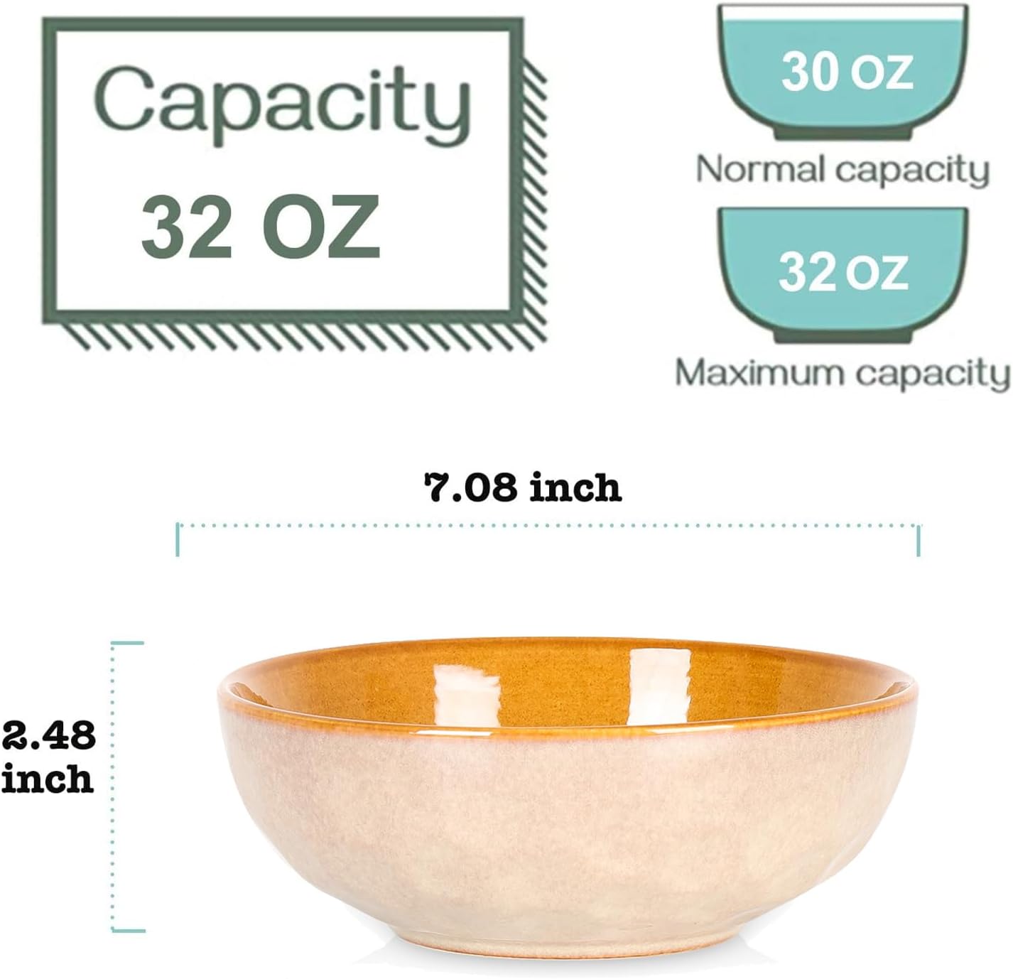 vicrays Ceramic Salad Bowls Set for Kitchen, Serving - 32 Ounce Soup Bowls, Pasta Bowls, Chip Resistant, Dishwasher Microwave Safe, Large, Fluted, stoneware, Set of 6 (Beige)