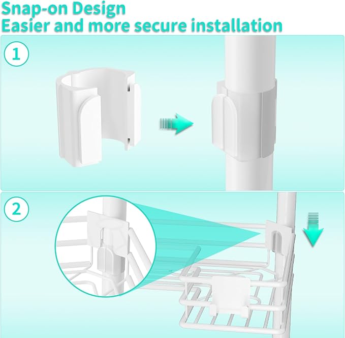 HapiRm Corner Shower Caddy Organizer - Shower Organizer Corner with Soap Holder, Toothbrush Holder and 4 Hooks, Rustproof Bathroom Shelf Tension Pole Available for 27.6 to 108.3 Inch - White