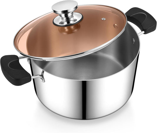 6 Quart Cooking Pot Stockpot with Lid, P&P CHEF Tri-ply Stainless Steel Pot for Pasta Soup, Work on Multi Stove Tops, Heat-resistant Pot Handles, Heavy-Duty & Dishwasher Safe