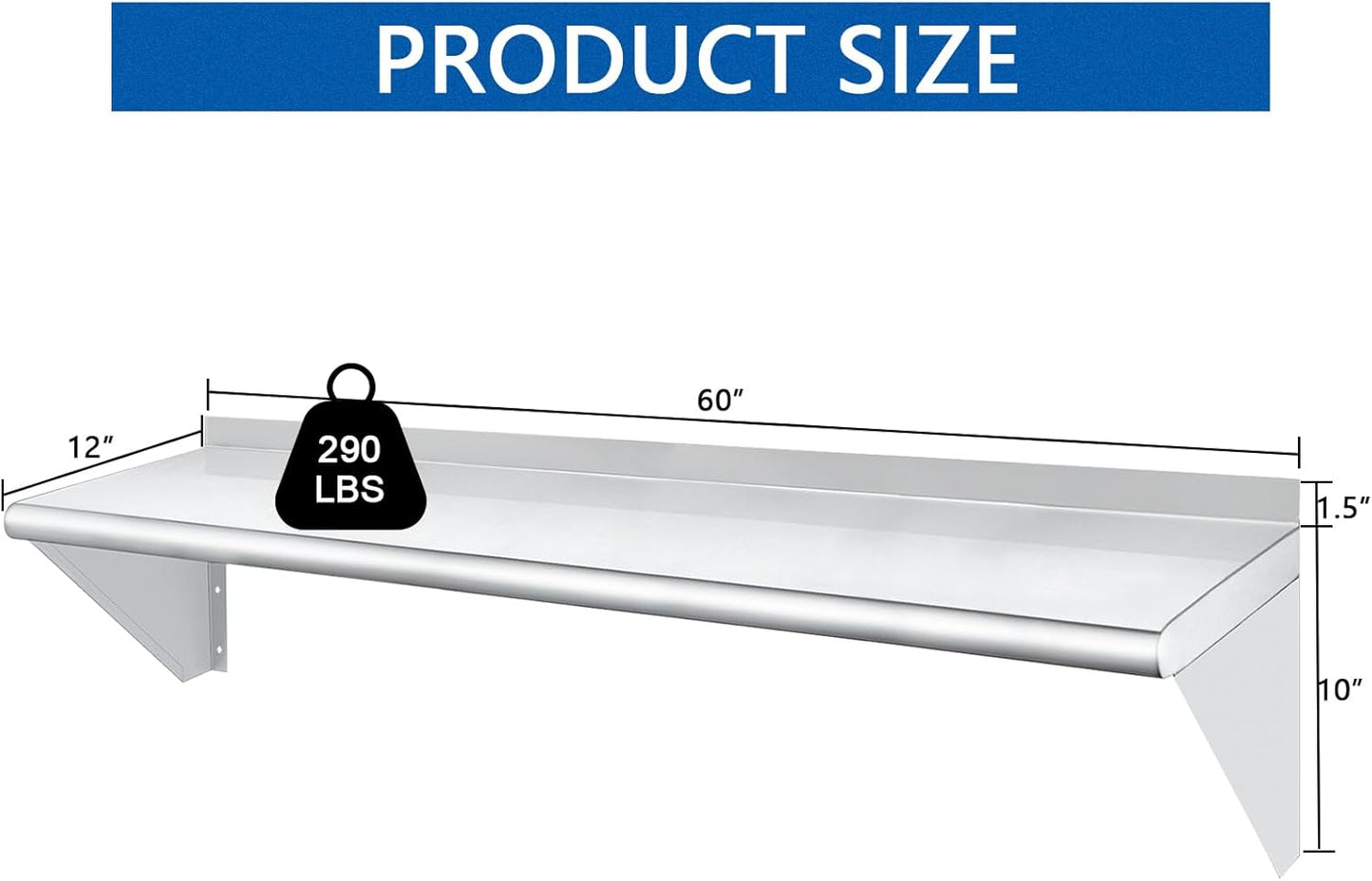 HARDURA Stainless Steel Shelf 12" x 60", 290lb Commercial Shelves Wall Mount Metal Shelving with Backsplash and Brackets for Kitchen, Restaurant, Laundry Room and Home
