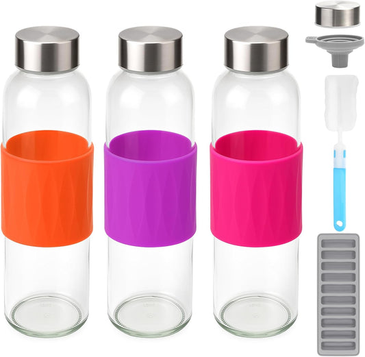 Zukro Glass Water Bottles with Lids 18 oz, Reusable Clear Juice Bottles Stainless Steel Airtight Cap for Juicing, 100% Leak Proof Juice Drinking Jar With Sleeve for Refrigerator, BPA Free, Set of 3