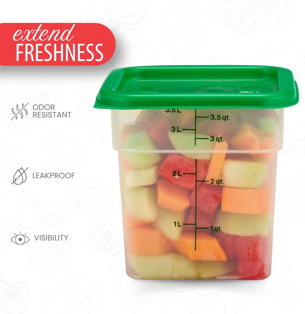 Cambro Food Storage Container with Lid (Microwave Safe and BPA-Free) - 2 Pack - Classic Series Square with Green Lid - 4 QT (Quart) - Commercial Grade for Food Prep (Translucent)