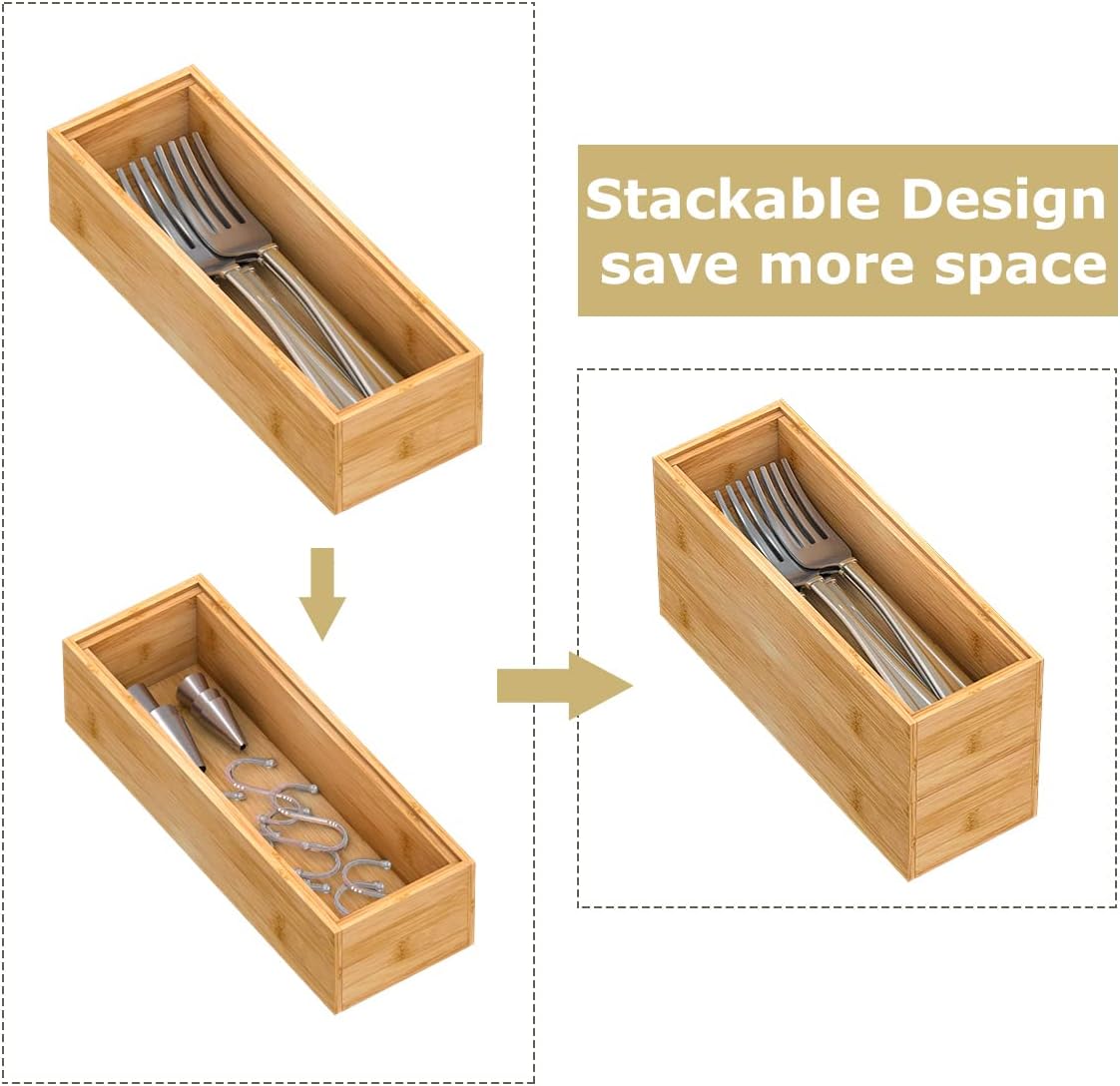 Bamboo Kitchen Drawer Organizer,Stackable Silverware Tray Utensil Organizer Cutlery Holder for Kitchen,Wooden Storage Box for Bathroom, Multi-Use Storage Bins Dividers for Office(9x3x2.5 inch)