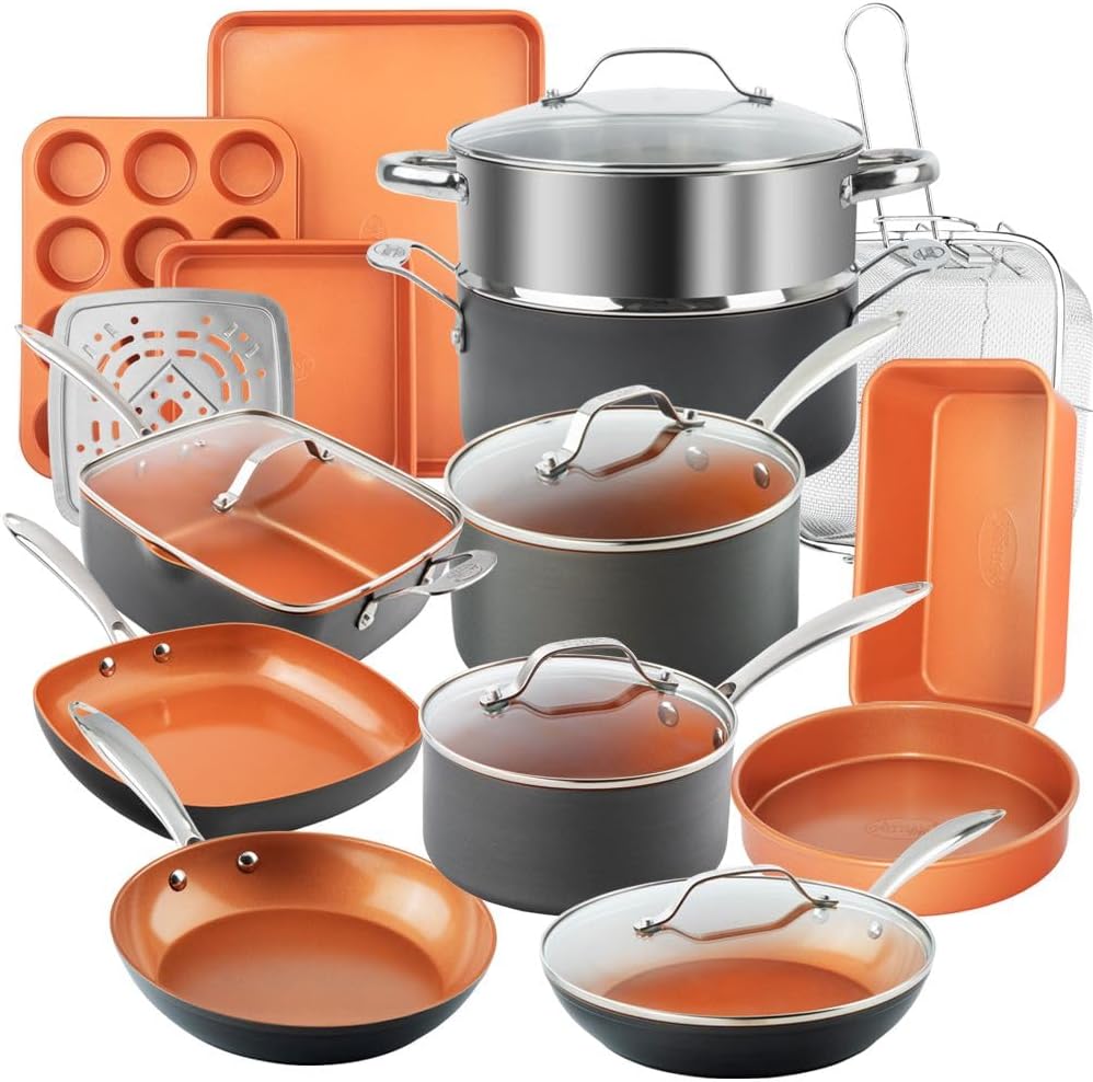 Gotham Steel Pro 20 Piece Pots & Pans Set | Hard Anodized Complete Cookware Set + Bakeware Set, Ultra Nonstick Ceramic Copper Coating, Chef Grade Quality, Metal Utensil Safe, Oven & Dishwasher Safe