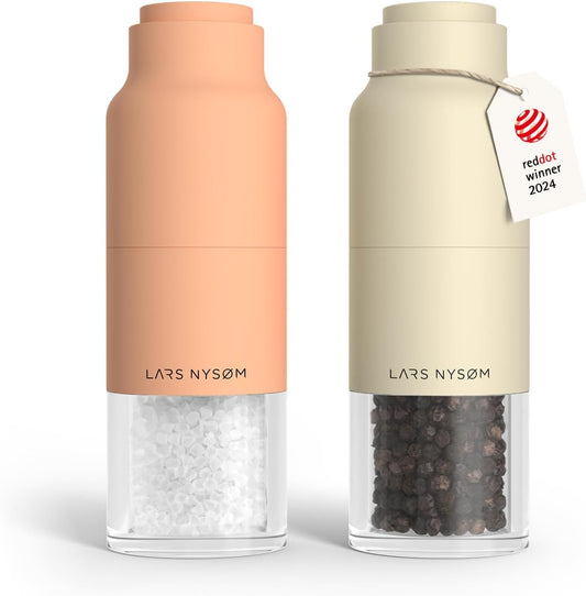 LARS NYSØM Salt and Pepper Grinder Set, Stainless Steel Manual Salt and Pepper Mills, Adjustable Ceramic Grinder, Design Spice Shakers (Peach/Beige)