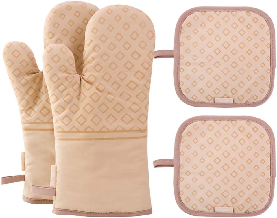 Set of 4 Oven Mitts and Pot Holders, 482 F Heat Resistant Hot Plate Moving Non-Slip Gloves for BBQ, Grill, Baking, Cooking, Oven, Microwave (Beige)