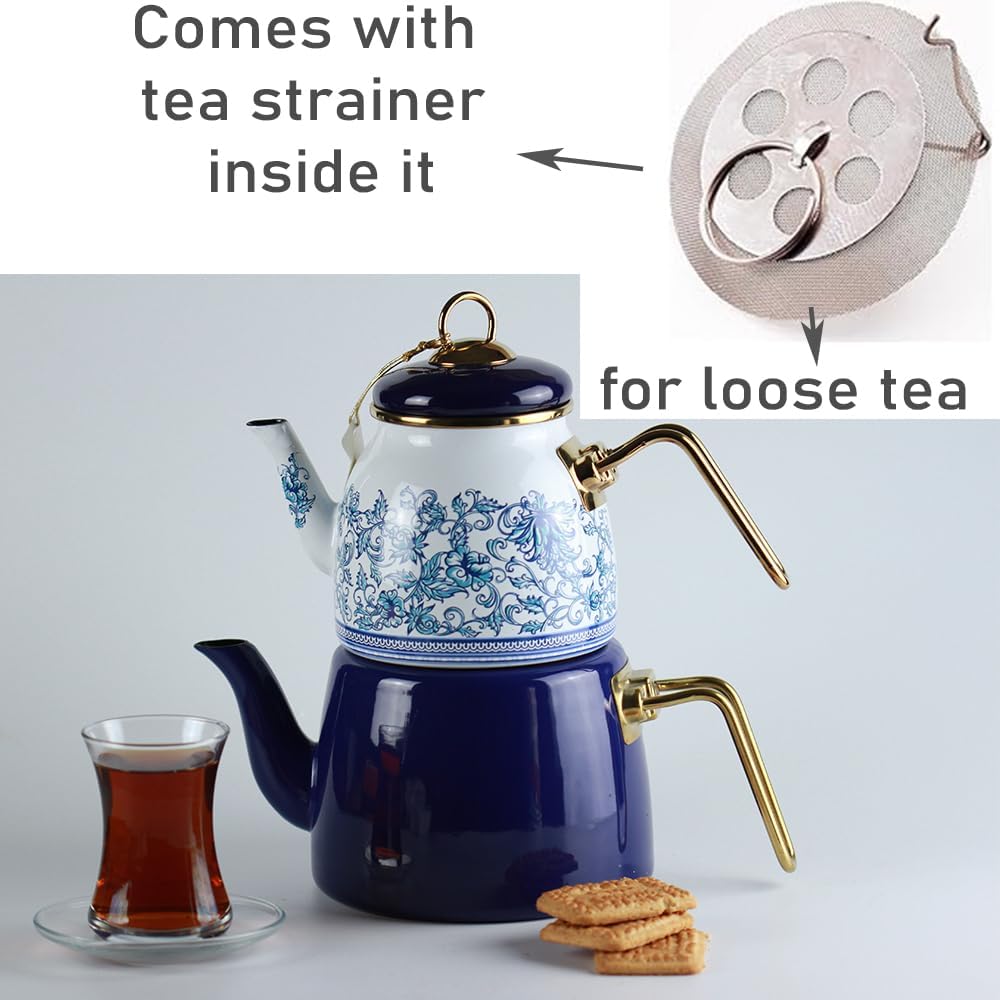 Vintage Turkish Teapot Tea Pots Kettle Set for Stovetop Stove Top Decorative Infuser Party Cups Glasses Floral Unique Boiler Samovar Strainer Loose Leaf Kitchen Style Enamel Decor (White-Blue)